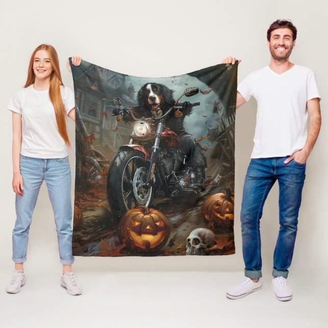 Bernese Mountain Riding Motorcycle Halloween Scary Fleece Blanket (In Situ)