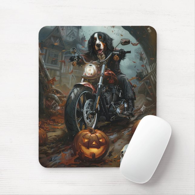 Bernese Mountain Riding Motorcycle Halloween Scary Mouse Mat (With Mouse)