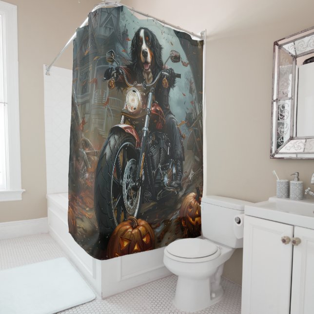Bernese Mountain Riding Motorcycle Halloween Scary Shower Curtain (In Situ)