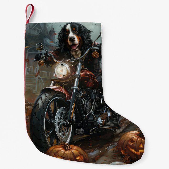 Bernese Mountain Riding Motorcycle Halloween Scary Small Christmas Stocking (Front)