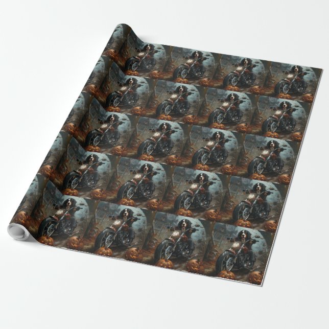 Bernese Mountain Riding Motorcycle Halloween Scary Wrapping Paper (Unrolled)
