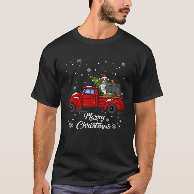 Bernese mountain Riding Red Truck Merry Xmas Tree T-Shirt (Front)