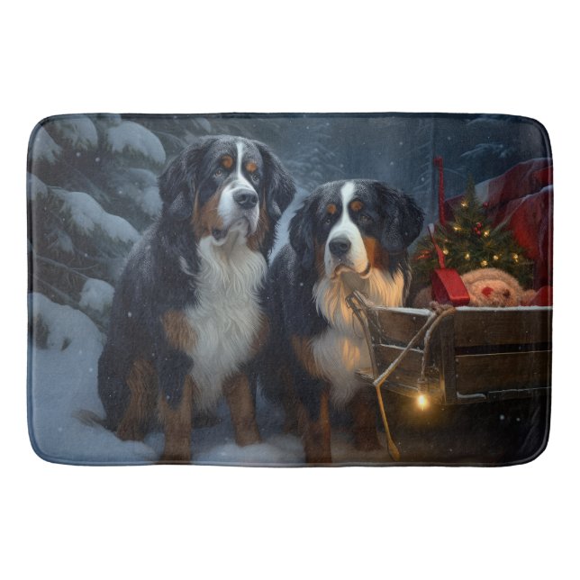 Bernese Mountain Snowy Sleigh Christmas Decor  Bath Mat (Front)