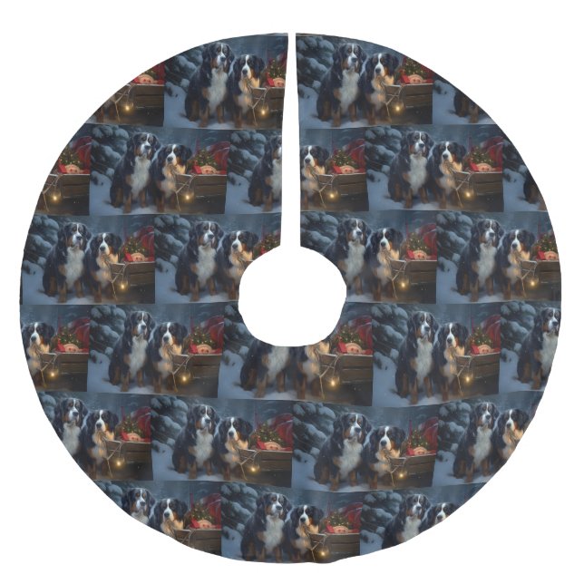 Bernese Mountain Snowy Sleigh Christmas Decor  Brushed Polyester Tree Skirt (Front)