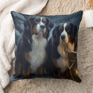 Bernese Mountain Snowy Sleigh Christmas Decor  Cushion