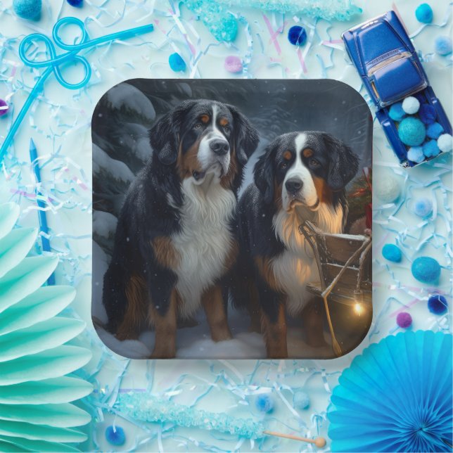 Bernese Mountain Snowy Sleigh Christmas Decor  Paper Plate (Party)