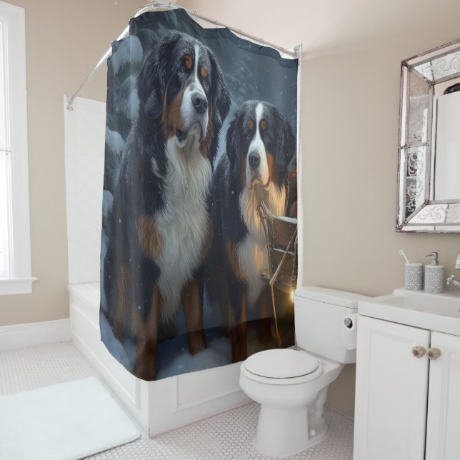 Bernese Mountain Snowy Sleigh Christmas Decor  Shower Curtain (In Situ)
