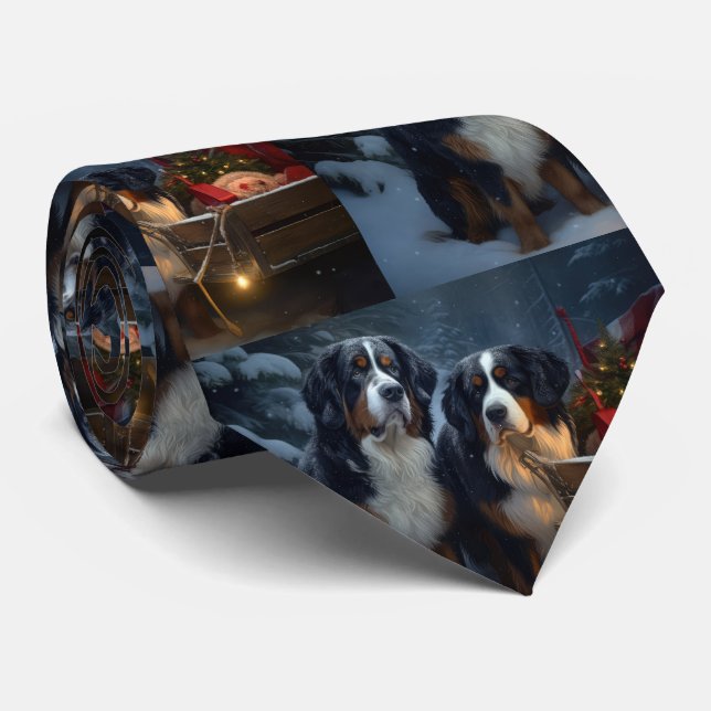 Bernese Mountain Snowy Sleigh Christmas Decor  Tie (Rolled)