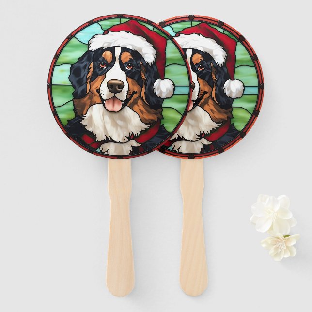 Bernese Mountain Stained Glass Christmas Hand Fan (Front and Back)