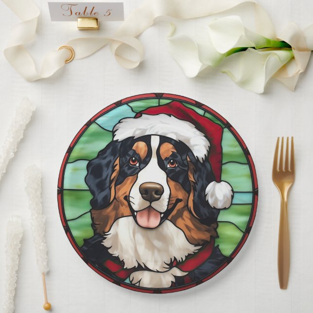 Bernese Mountain Stained Glass Christmas Paper Plate (Wedding)