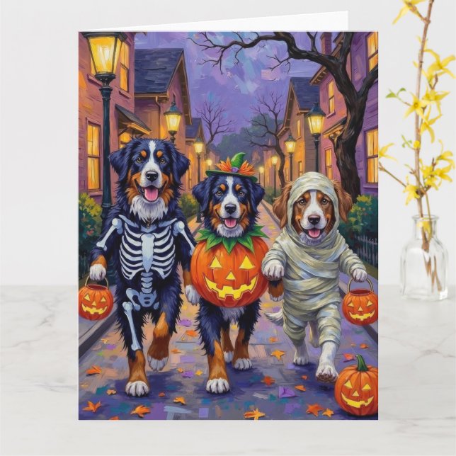 Bernese Mountain Trick-or-Treating In Halloween  Card (Yellow Flower)