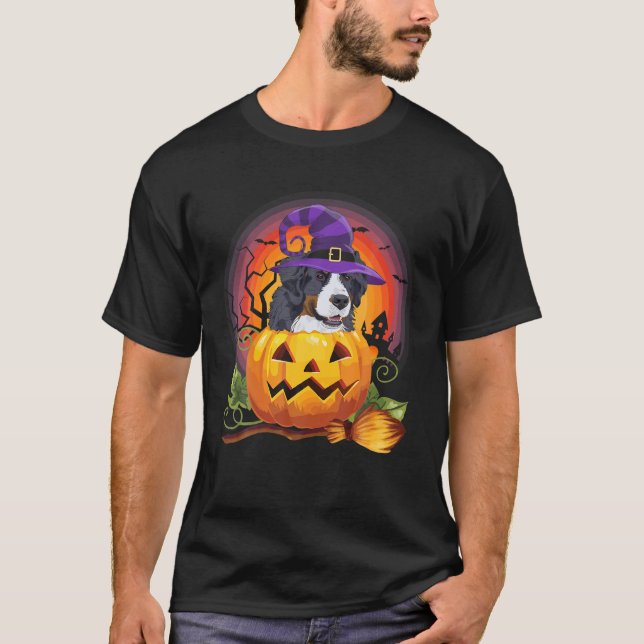 Bernese Mountain Witch Pumpkin Halloween Dog Lover T-Shirt (Front)