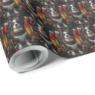 Bernese Mountain with Christmas Gifts Fireplace Wrapping Paper