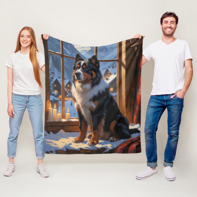 Bernese Mountain With Christmas Lights Holiday  Fleece Blanket (In Situ)