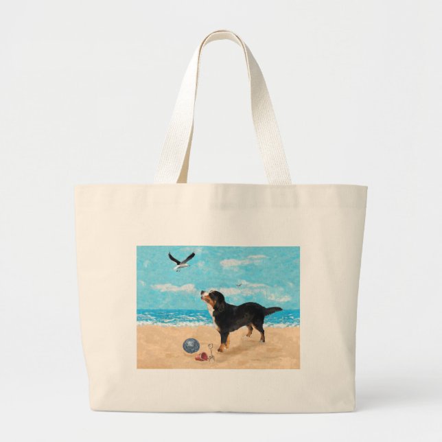 Bernese Mt. Dog at the Beach Large Tote Bag (Front)