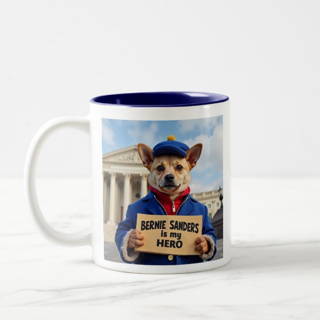Bernie Sanders Is MY hero Corgi protester Two-Tone Coffee Mug (Left)