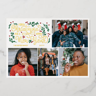 Berries 4 Photos Merry Christmas Happy New Year Foil Holiday Card