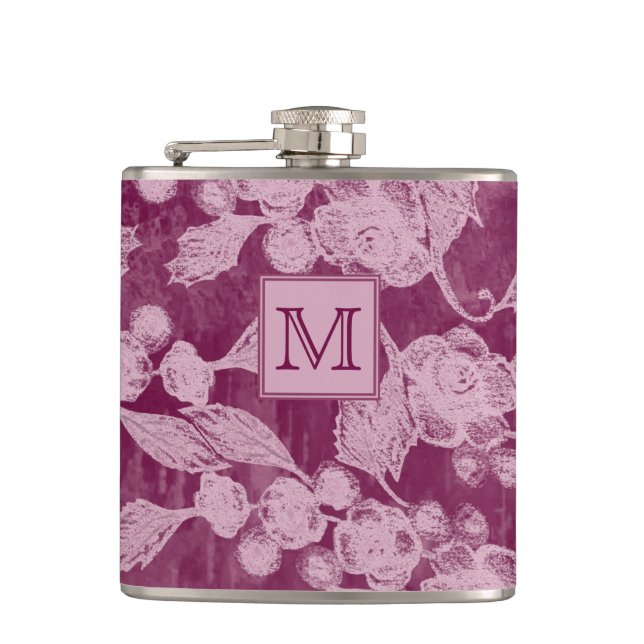 Berries and Blossoms Purple Floral Monogram Hip Flask (Front)