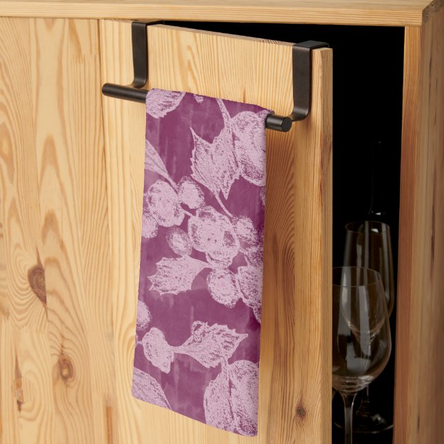 Berries and Blossoms Purple Floral Pattern Tea Towel (Thirds Fold)