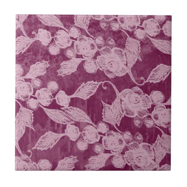 Berries and Blossoms Purple Floral Pattern Tile (Front)