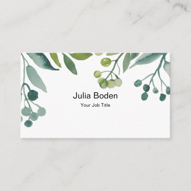 Berries and Branches Watercolor Green Foliage Business Card (Front)
