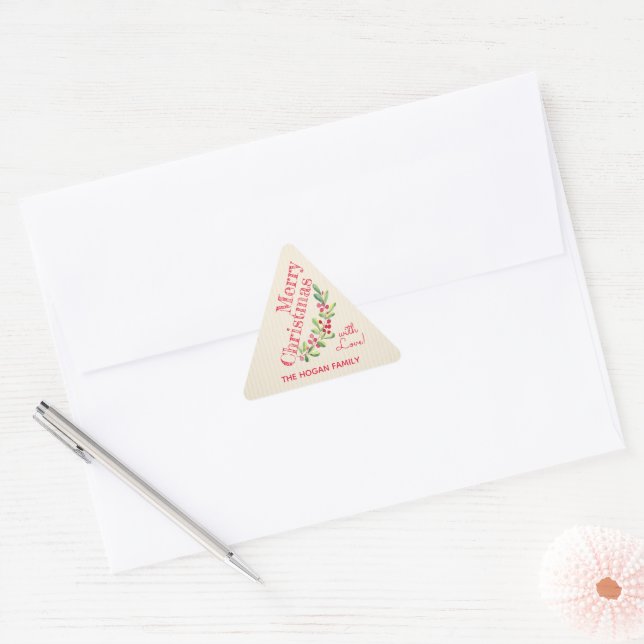Berries and Greenery on Ivory Christmas Holiday Triangle Sticker (Envelope)