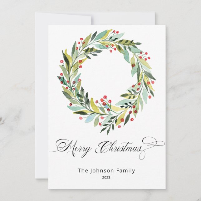 Berries and Greenery Wreath Christmas Holiday Card (Front)