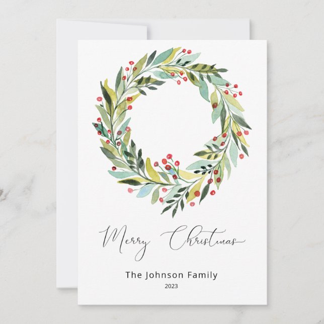 Berries and Greenery Wreath Christmas Holiday Card (Front)