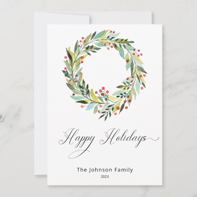 Berries and Greenery Wreath Holiday Card (Front)
