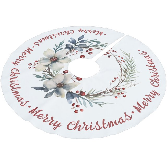 Berries and leaves red Christmas holiday  Brushed Brushed Polyester Tree Skirt (Angled)