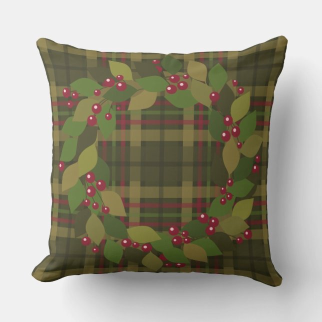 Berries and Leaves Wreath | Rustic Plaid Outdoor Cushion (Front)