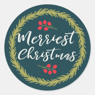 Berries and Pine Merriest Christmas Classic Round Sticker