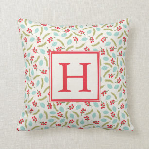 Berries and Pine Monogram Throw Pillow   Ivory
