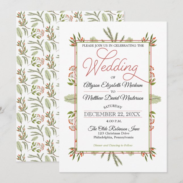 Berries and Winter Pine Greenery Holiday Wedding Invitation (Front/Back)