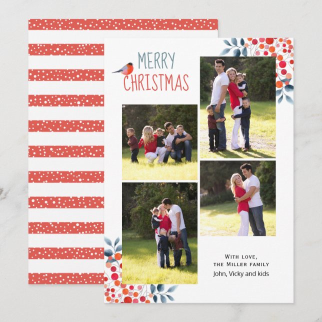 Berries  bird Christmas holiday coral photo card (Front/Back)