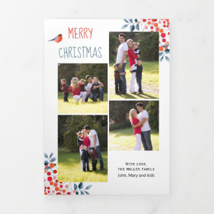 Berries, bird Christmas holiday photo collage Tri-Fold Holiday Card