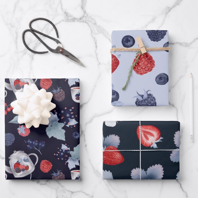 Berries blueberries strawberry teapot pattern blue wrapping paper sheet (Front)