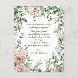 Berries, Eucalyptus, Pine, Roses Christmas Party Invitation Postcard