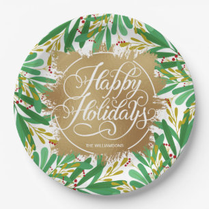 Berries Greenery Gold Faux Foil Happy Holidays Paper Plate