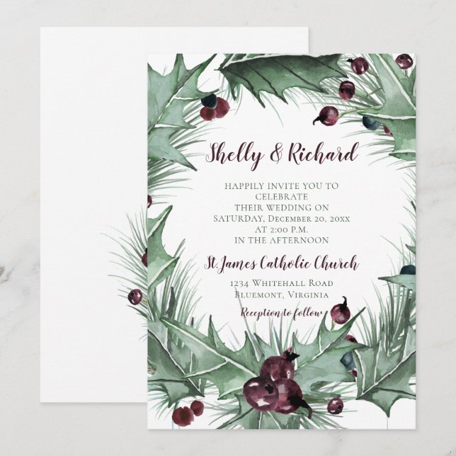 Berries, Holly, and Ferns Winter Wedding Invitation (Front/Back)