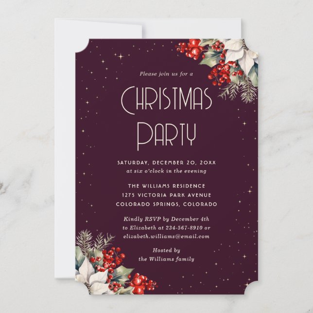 Berries Holly Poinsettia Purple Christmas Party Invitation (Front)