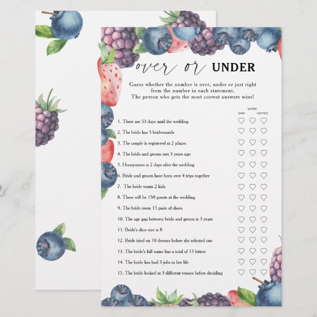 Berries - Over or under bridal shower game (Front/Back)