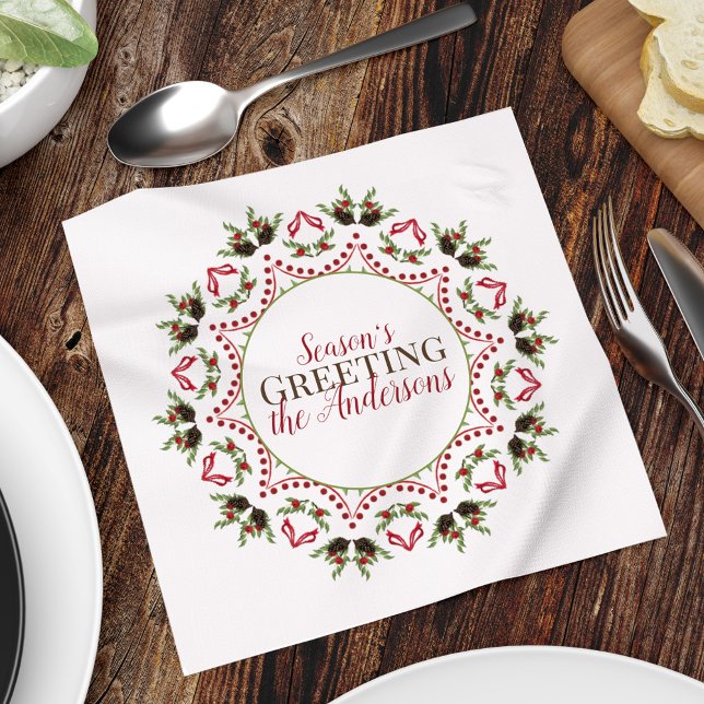 Berries Pinecone Holiday Mandala Christmas Custom Napkin (Season's Greeting holiday red and green pinecones wreath mandala napkin)