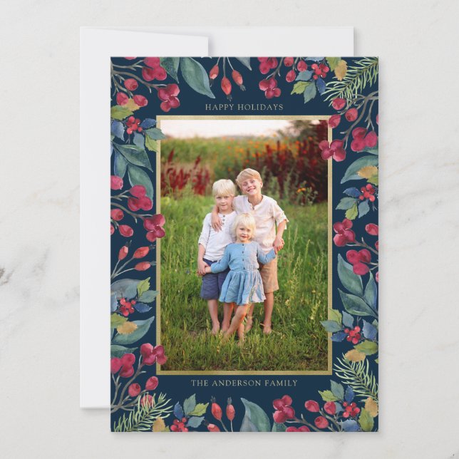 Berries Pines Gold Foil Photo Christmas Holiday Card (Front)