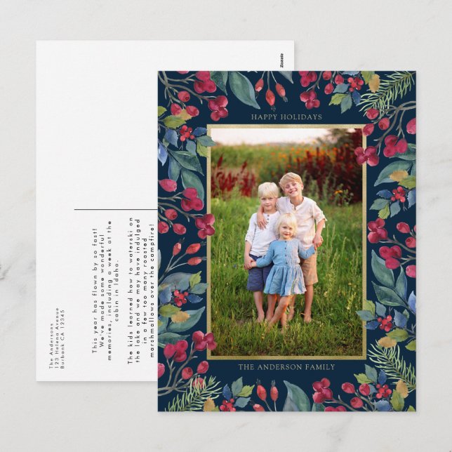 Berries Pines Gold Foil Photo Christmas  Holiday Postcard (Front/Back)