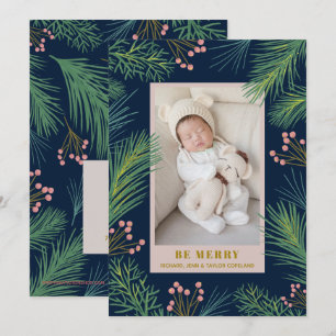 Berries Pines Holiday Photo Birth Announcements