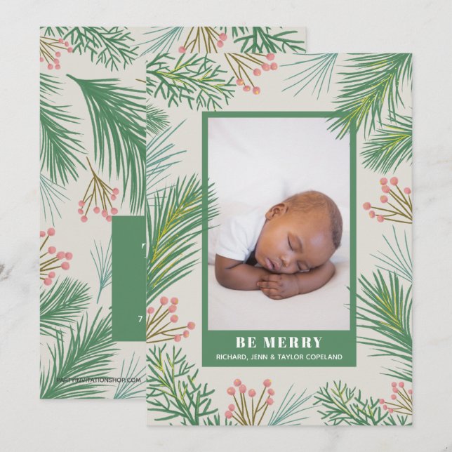 Berries Pines Holiday Photo Birth Announcements (Front/Back)