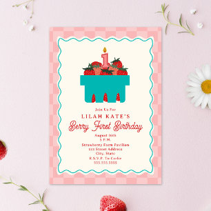 Berry 1st Birthday Chequerboard Strawberry Basket Invitation