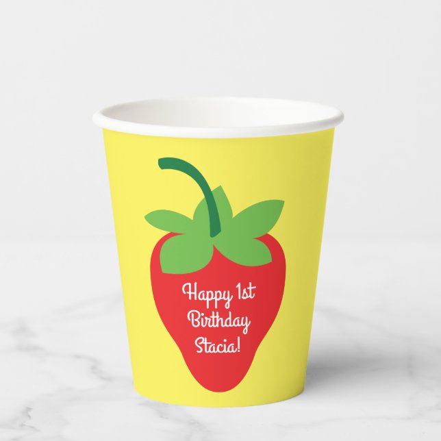 Berry 1st Birthday Cute Strawberry Kids Paper Cups (Front)