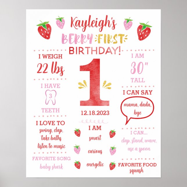 Berry 1st Birthday Milestone Poster Red Gold (Front)